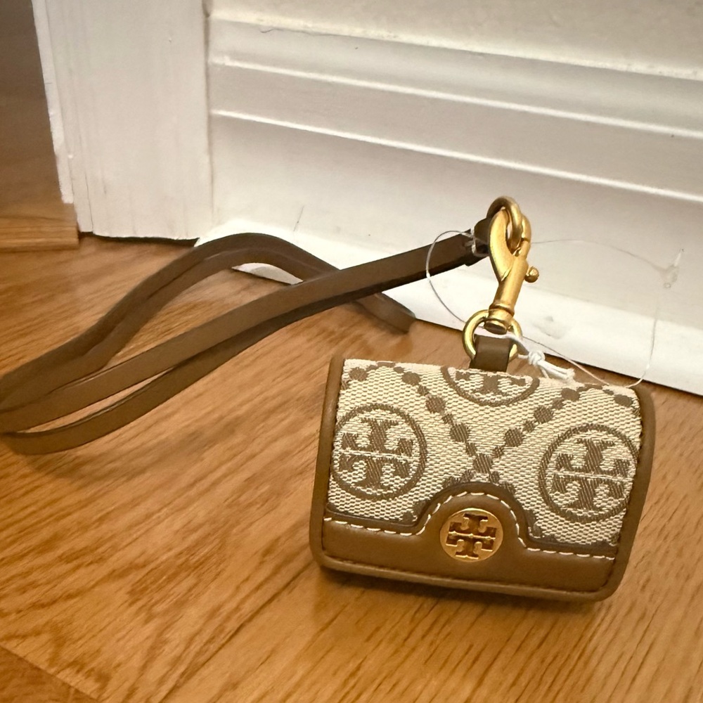 Tory Burch Beige and Brown AirPod Case with Gold Clasp